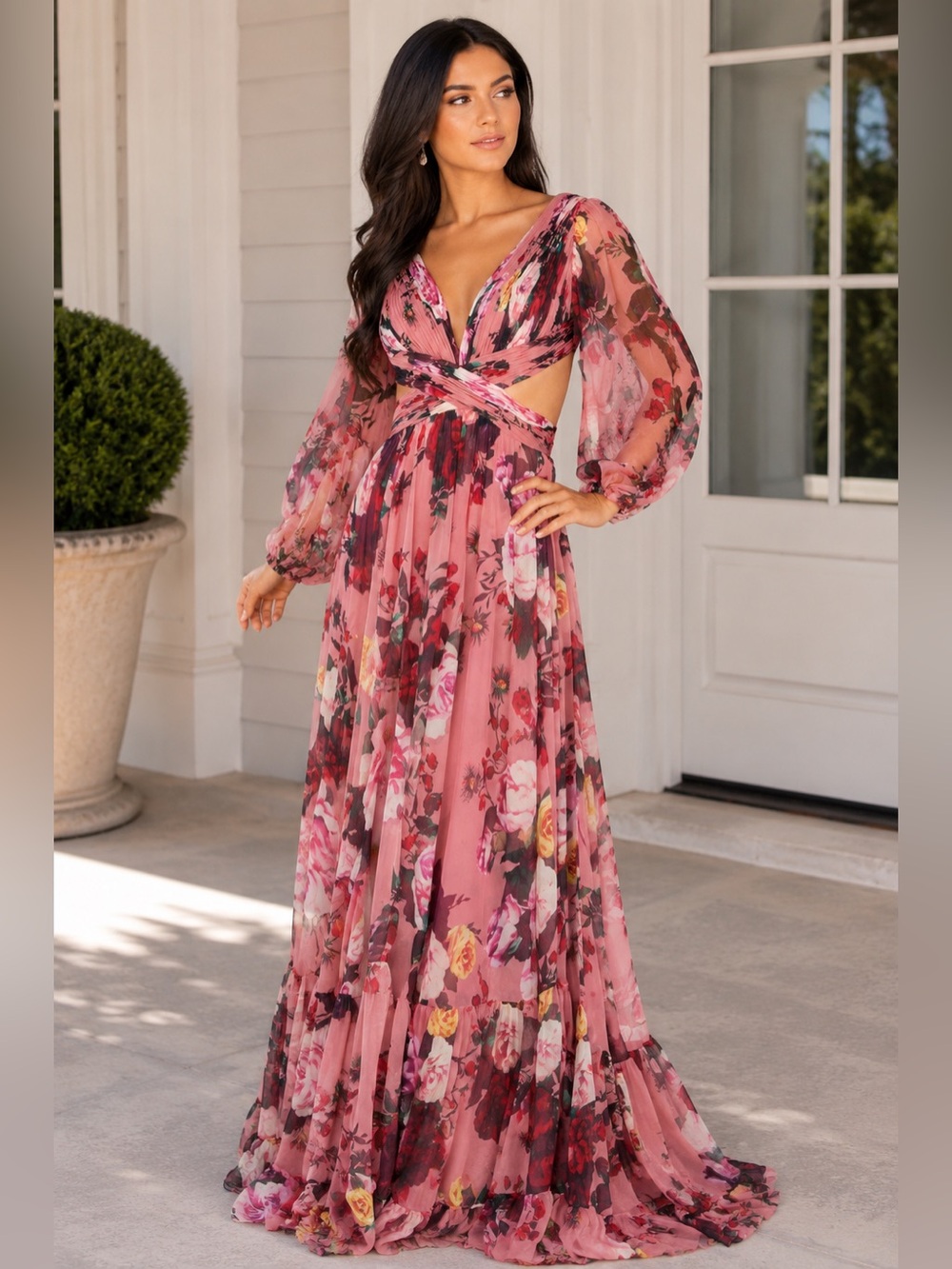 Mac Duggal 67946 Rose Multi Floral Chiffon Cutout Gown Size 4 MSRP $598